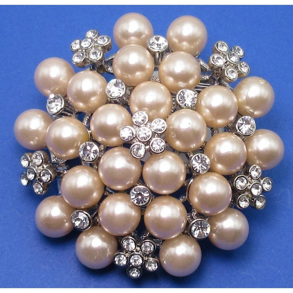 Ann Taylor Loft 2" Round Champagne Faux Pearl Rhinestone Silver Tone Brooch Pin